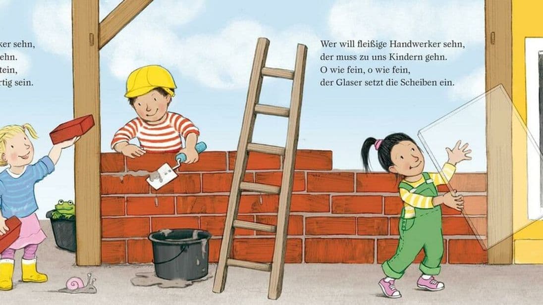 Die Kinder- und Jugendbuchillustratorin Katharina Busshoff hat das Buch bebildert. Kinder sehen im Buch, welche typischen Tätigkeiten Handwerker wie zum Beispiel Maurer in ihrem Arbeitsalltag ausführen.