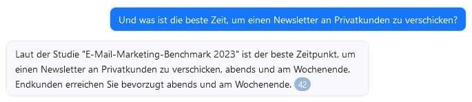 Bester Zeitpunkt für den Newsletter-Versand sei der Studie zufolge abends oder am Wochenende, sagt die die KI.