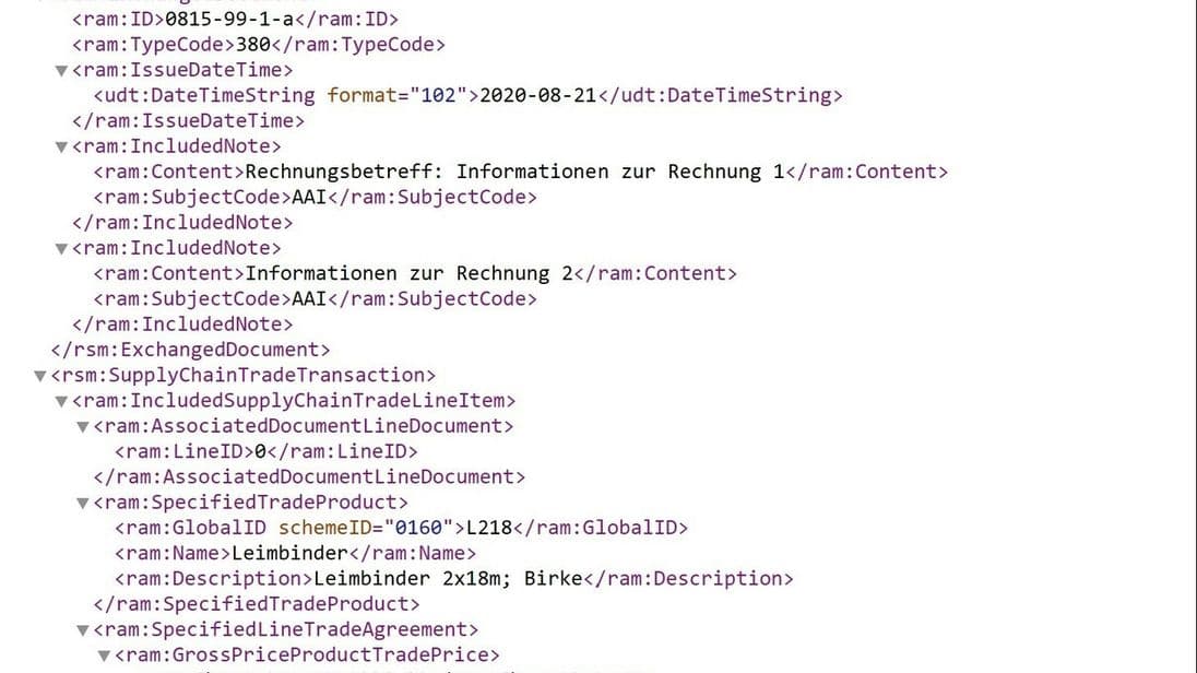 XML-Datei: So sieht der Datensatz einer E-Rechnung aus.