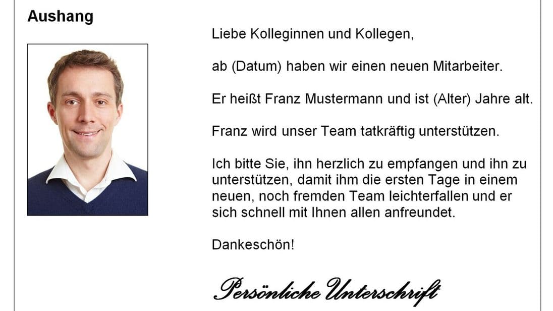 Aushang mit Foto und Text