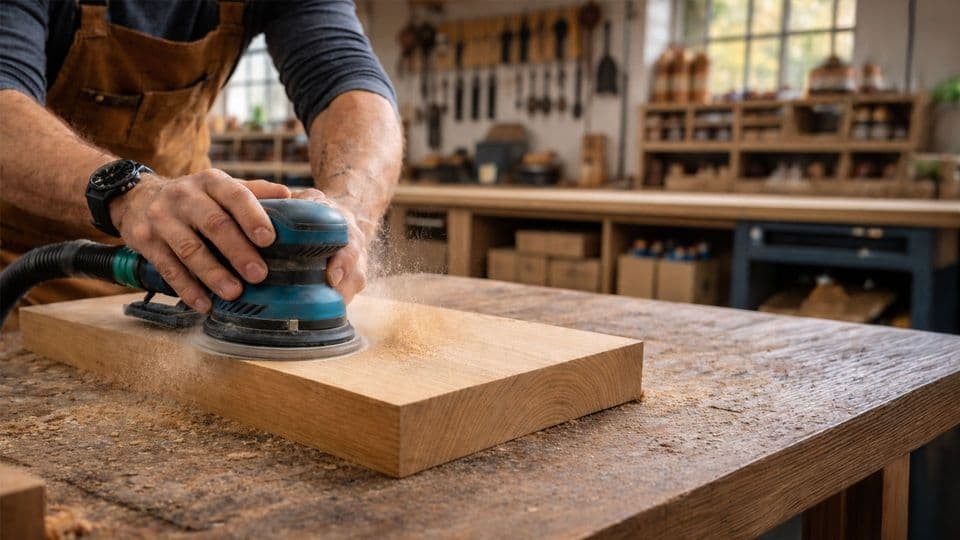 Ein Tischler schleift ein Holzbrett in seiner Werkstatt ab.