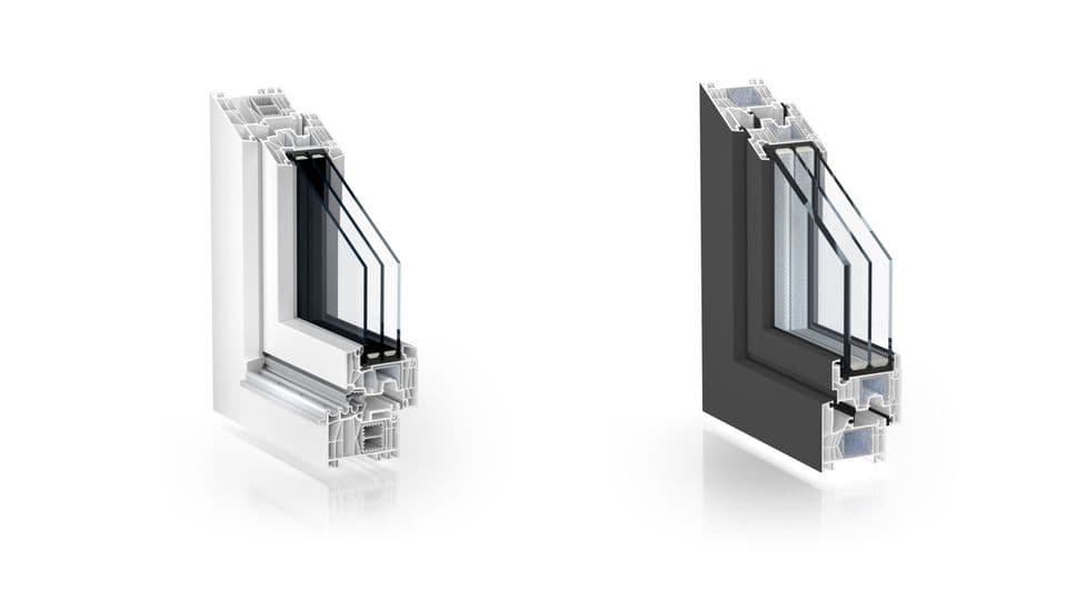 Kömmerling: PremiStep 20 im System 88 (links) Mitteldichtung mit MultiCore-Verstärkung und das System 76 (rechts) erlaubt Festverglasungen bis 56 Millimeter.