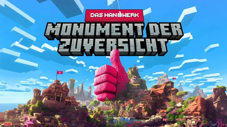 Darum geht’s bei „Monument der Zuversicht“: Spieler müssen erst die „Daumen hoch“-Skulptur erschaffen und dann eine belebte Handwerksstadt.