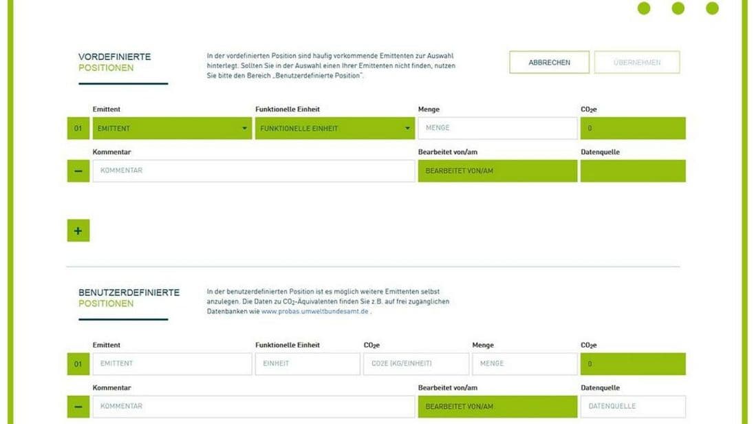 Die Eingabemaske enthält Vorschläge für Emissionsträger. So soll Betrieben die Auflistung erleichtert werden.