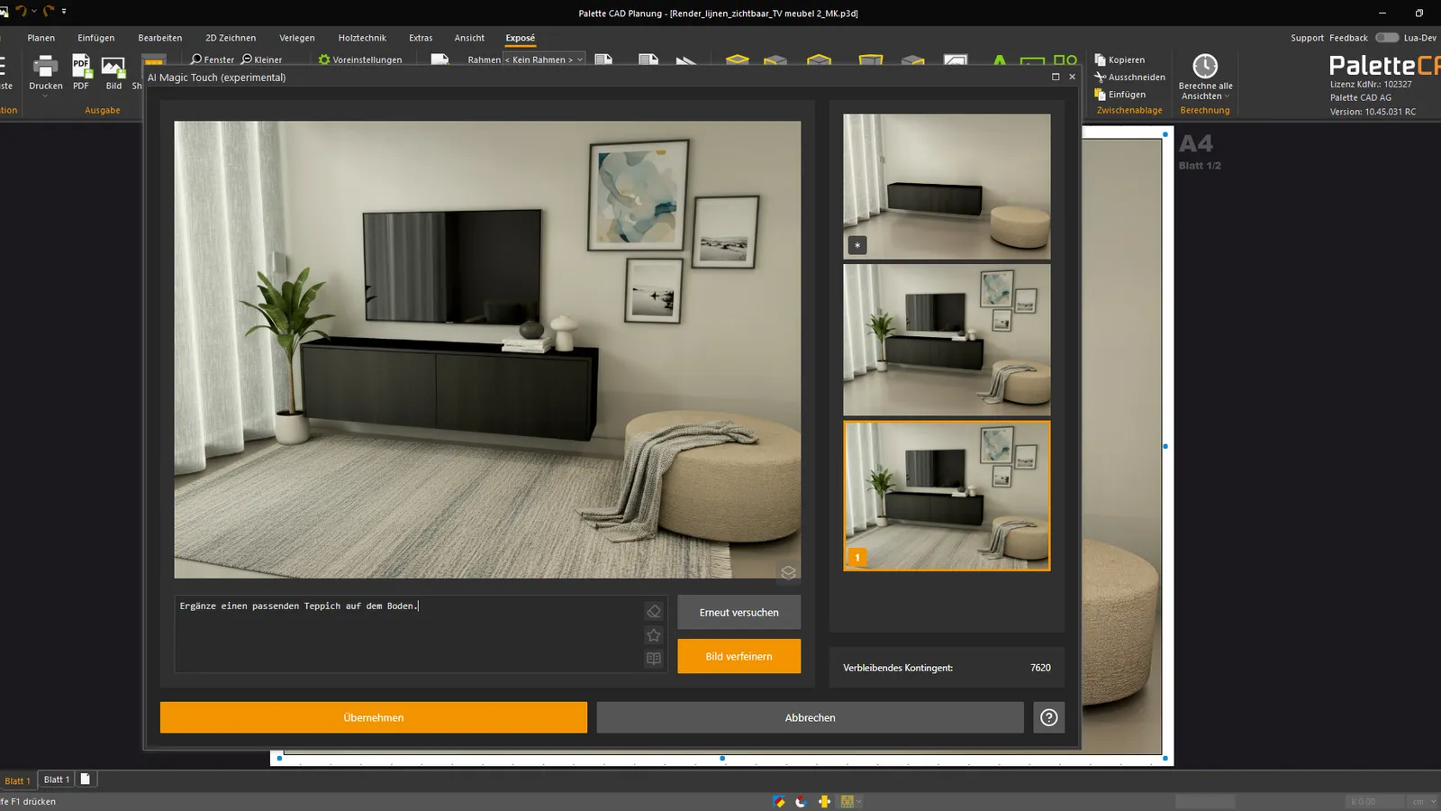 Screenshot des Programms AI Magic Touch von Palette CAD, der einen Blick in ein KI-generiertes Wohnzimmer mit Fernseher und Möbel sowie Teppich zeigt.