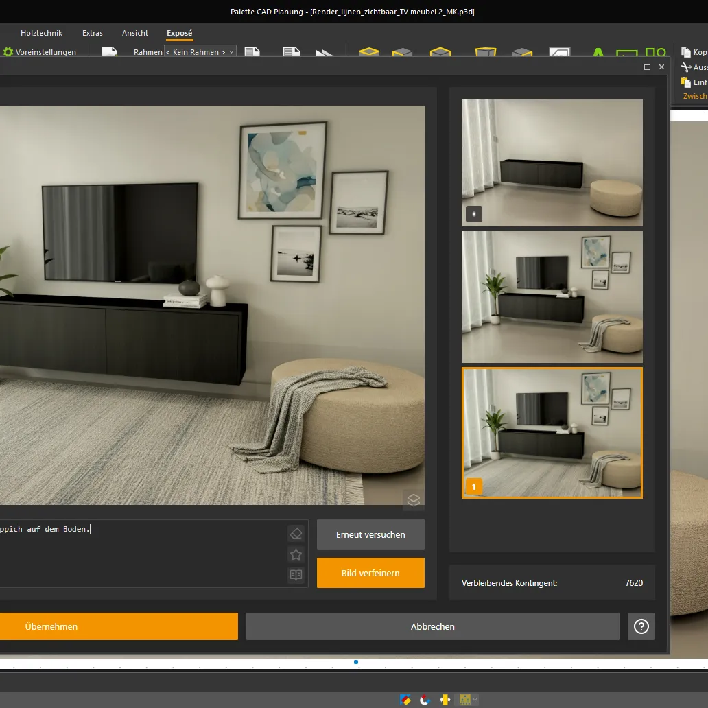 Screenshot des Programms AI Magic Touch von Palette CAD, der einen Blick in ein KI-generiertes Wohnzimmer mit Fernseher und Möbel sowie Teppich zeigt.