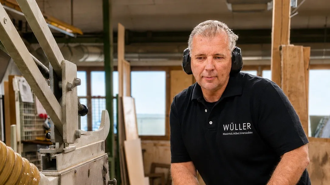 Frank Wüller mit einer Holzbohle an der Kreissäge.