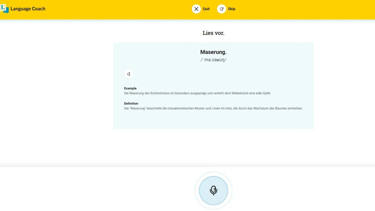 Fachbegriffe wie „Maserung“ werden mit einer Definition und Beispielen erklärt. Zusätzlich gibt es eine Aussprachübung.