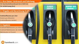handwerk.com-Spritkostenrechner: Mehrkosten für hohe Benzinpreise einfach ausrechnen. 