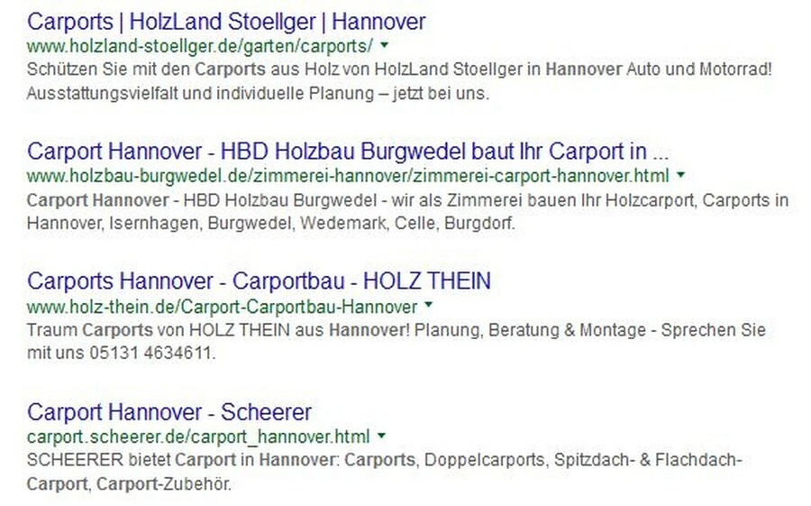 Unter den Stichworten "Carport" und "Hannover" hat Google diese Einträge gefunden.