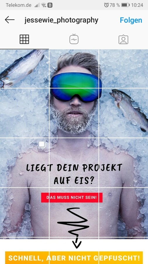 Mit großflächigen Kampagnenplakaten nutzt Jesse Wiebe seinen Instagram-Kanal ähnlich wie eine Website.